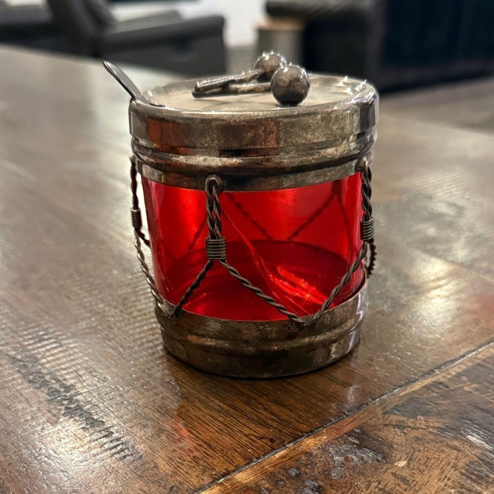Vintage Christmas Holiday Red Silver Plated Condiment Jar with Spoon